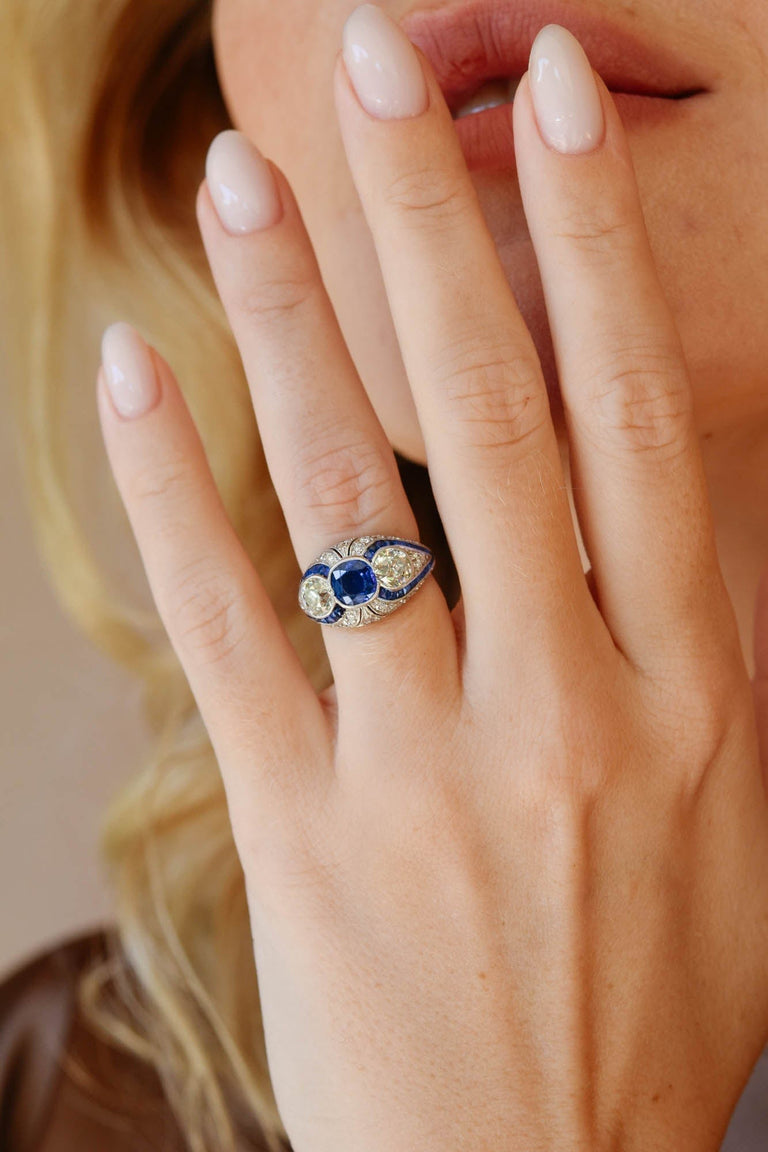 Art Deco Sapphire & Diamond Three Stone Vintage Ring