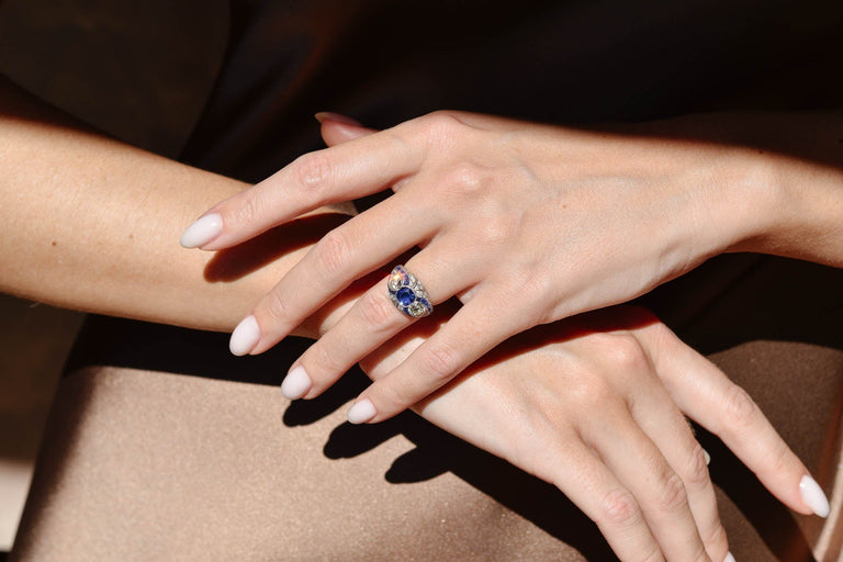 Art Deco Sapphire & Diamond Three Stone Vintage Ring