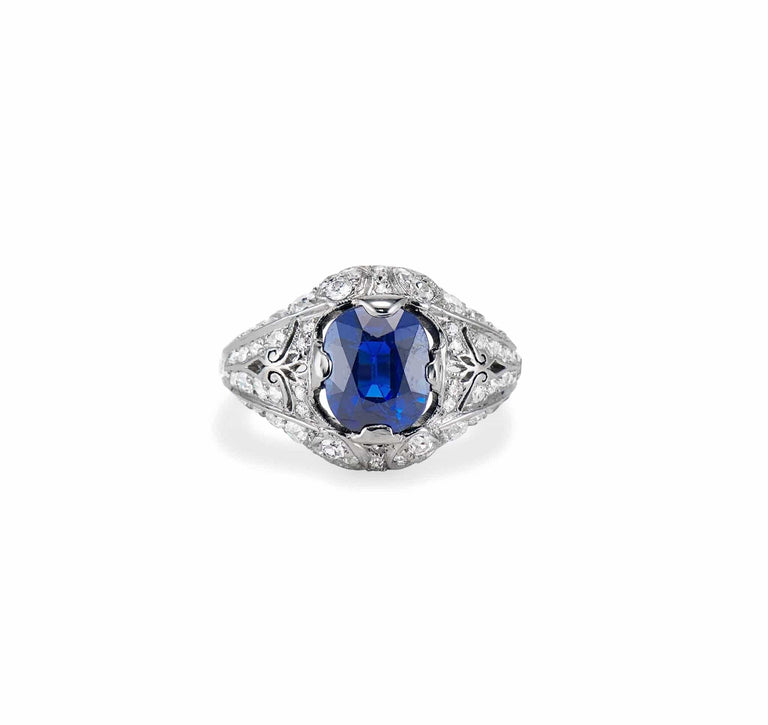Art Deco T.B. Starr 2.45 Cushion Cut Sapphire in Platinum Ring, America