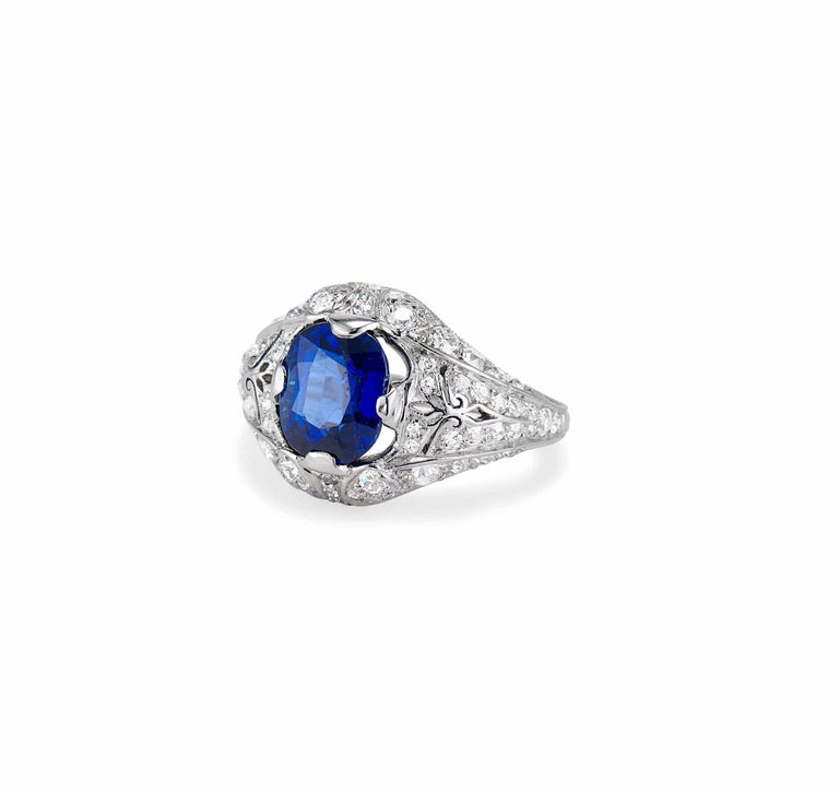 Art Deco T.B. Starr 2.45 Cushion Cut Sapphire in Platinum Ring, America