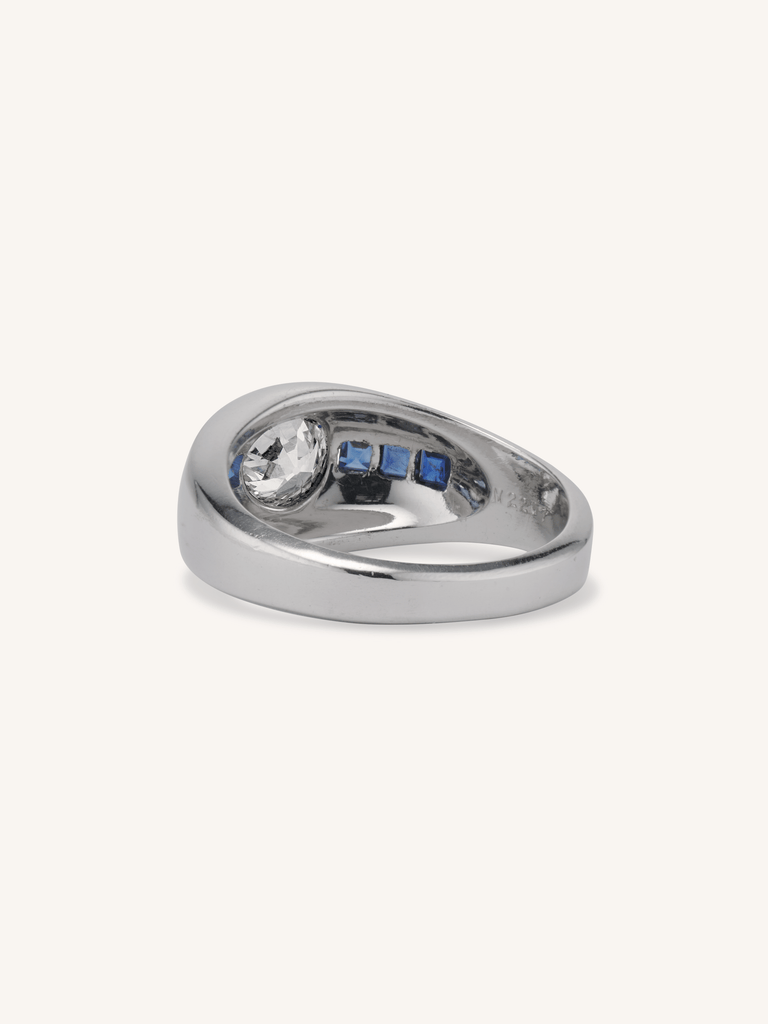 Art Moderne Old European Diamond & Sapphire Flush Mount Bombé Ring
