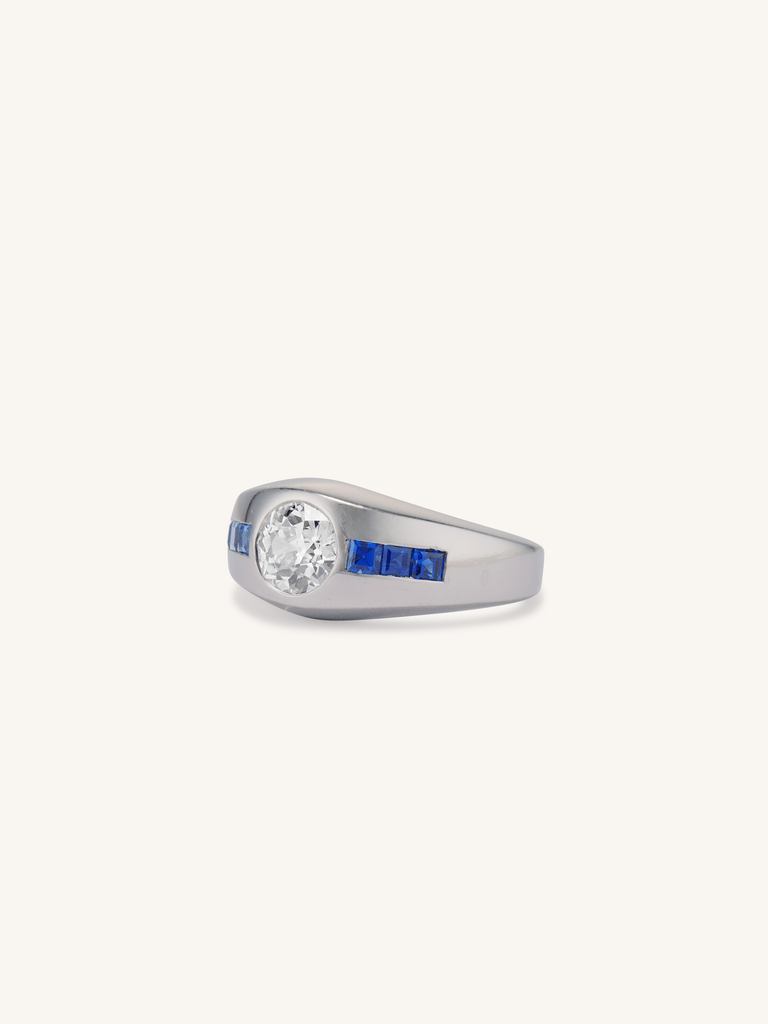 Art Moderne Old European Diamond & Sapphire Flush Mount Bombé Ring