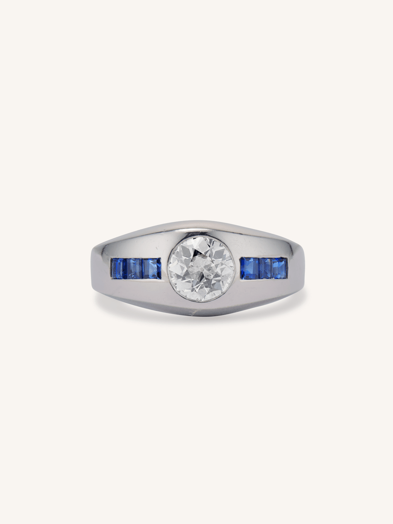 Art Moderne Old European Diamond & Sapphire Flush Mount Bombé Ring