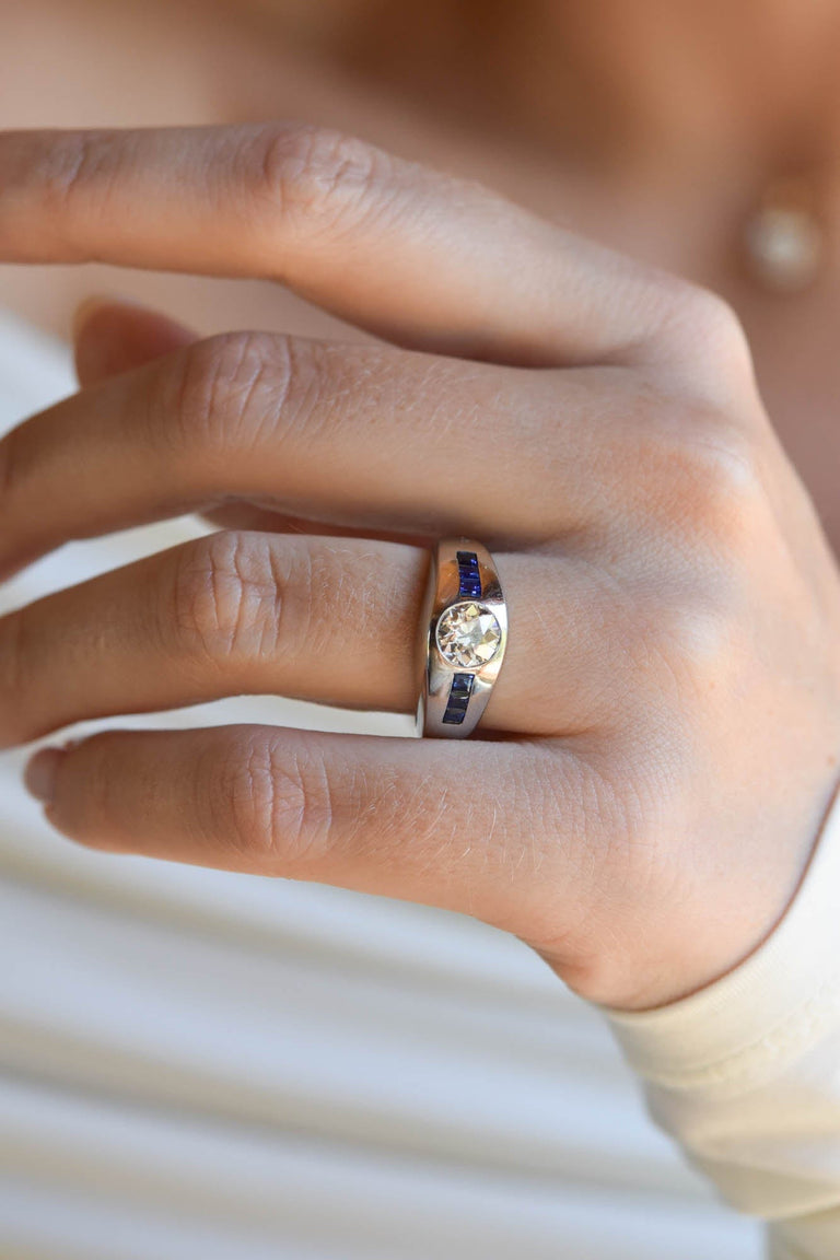 Vintage Art Moderne Platinum Diamond & Sapphire Bombé Ring