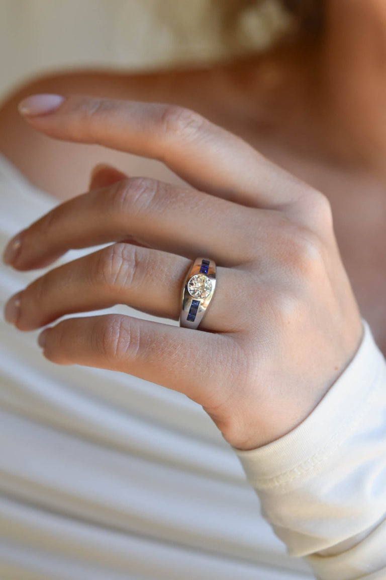 Vintage Art Moderne Platinum Diamond & Sapphire Bombé Ring