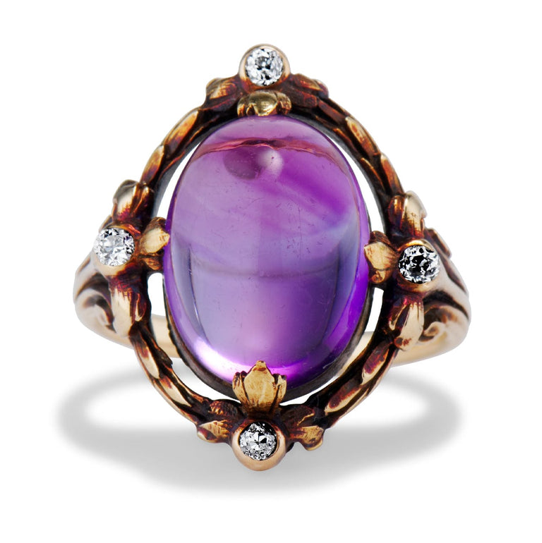 Art Nouveau Cabochon Amethyst & Diamond Ring