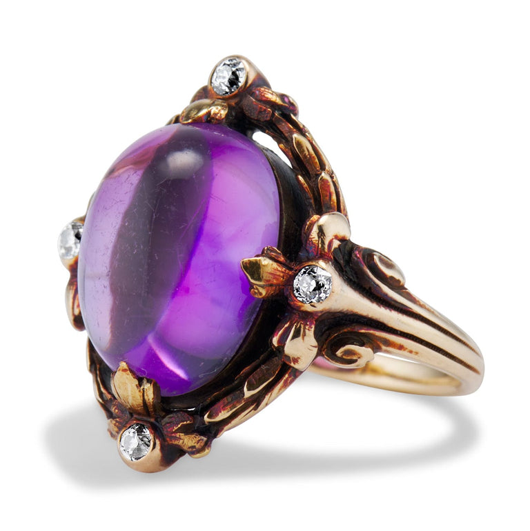 Art Nouveau Cabochon Amethyst & Diamond Ring