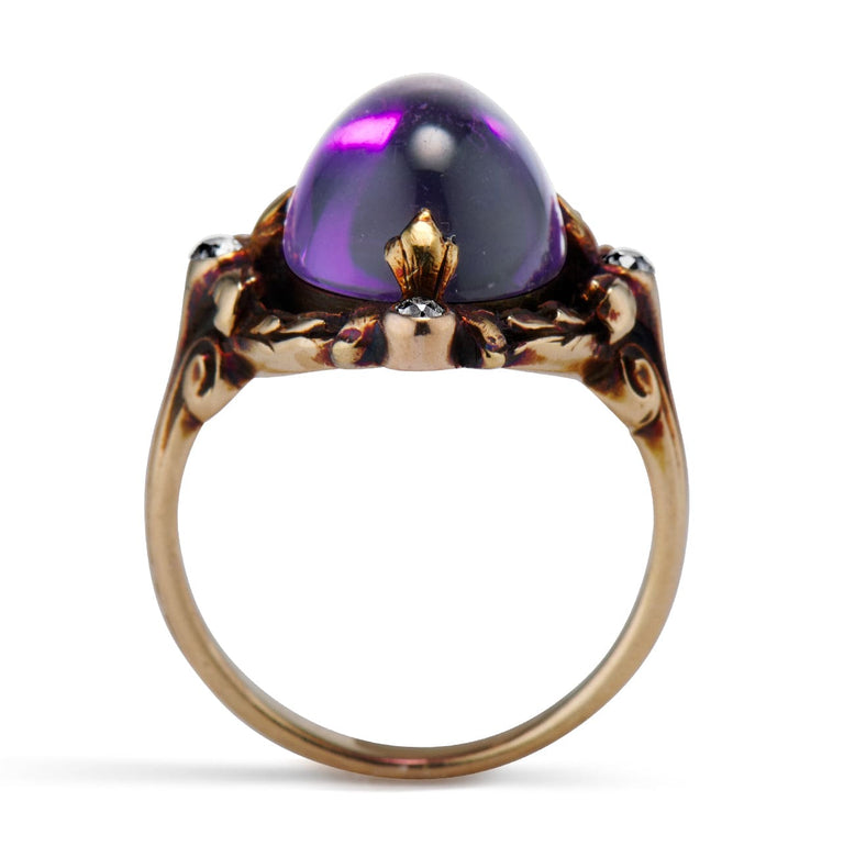 Art Nouveau Cabochon Amethyst & Diamond Ring
