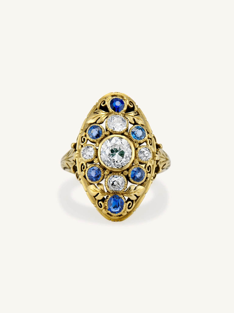 Art Nouveau Old European Cut Diamond & Sapphire Dinner Ring