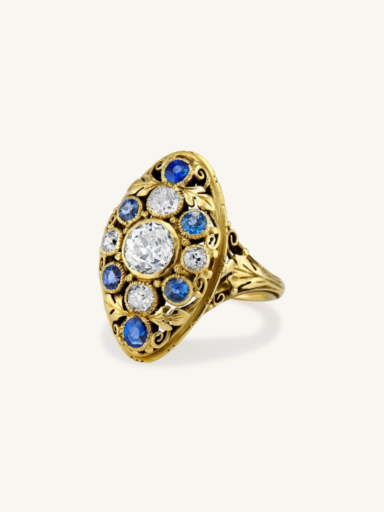 Art Nouveau Old European Cut Diamond & Sapphire Dinner Ring