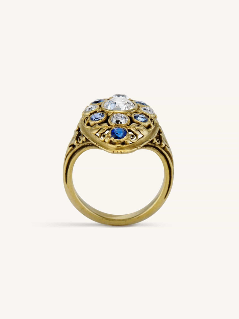 Art Nouveau Old European Cut Diamond & Sapphire Dinner Ring