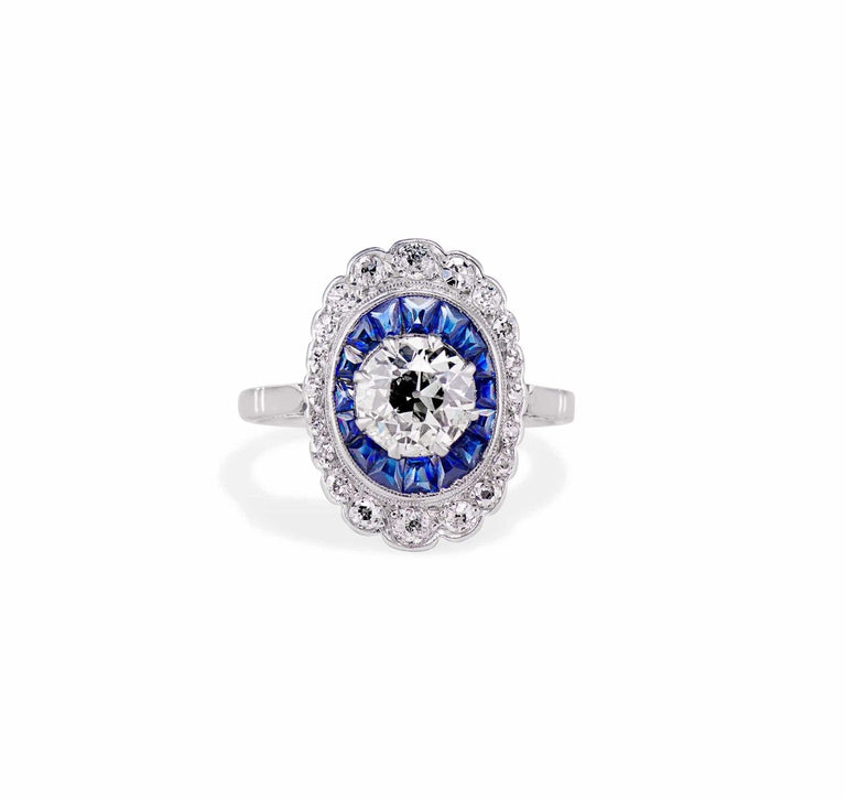 Belle Epoque 1.07 Carat Old European Diamond and Sapphire Engagement Ring, France