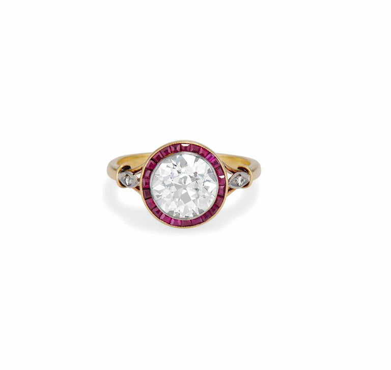 Belle Époque 2.51 Old European Diamond and Ruby Surround Engagement Ring, France
