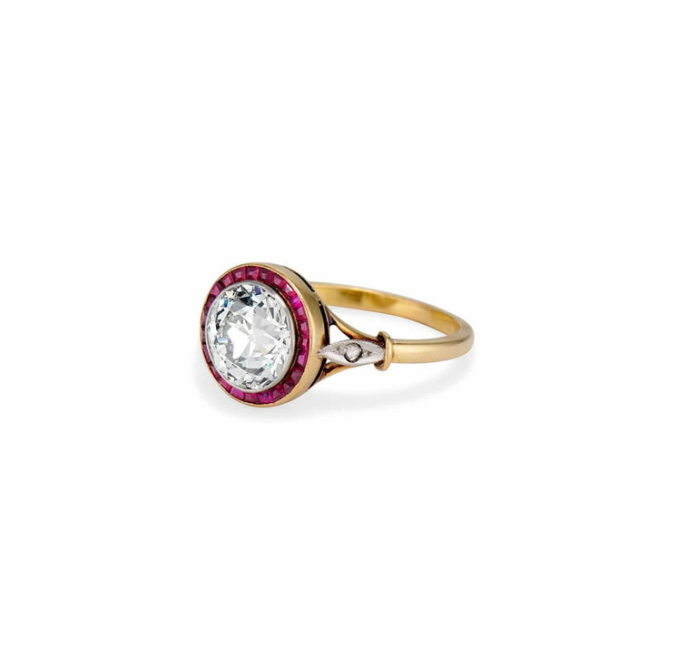 Belle Époque 2.51 Old European Diamond and Ruby Surround Engagement Ring, France