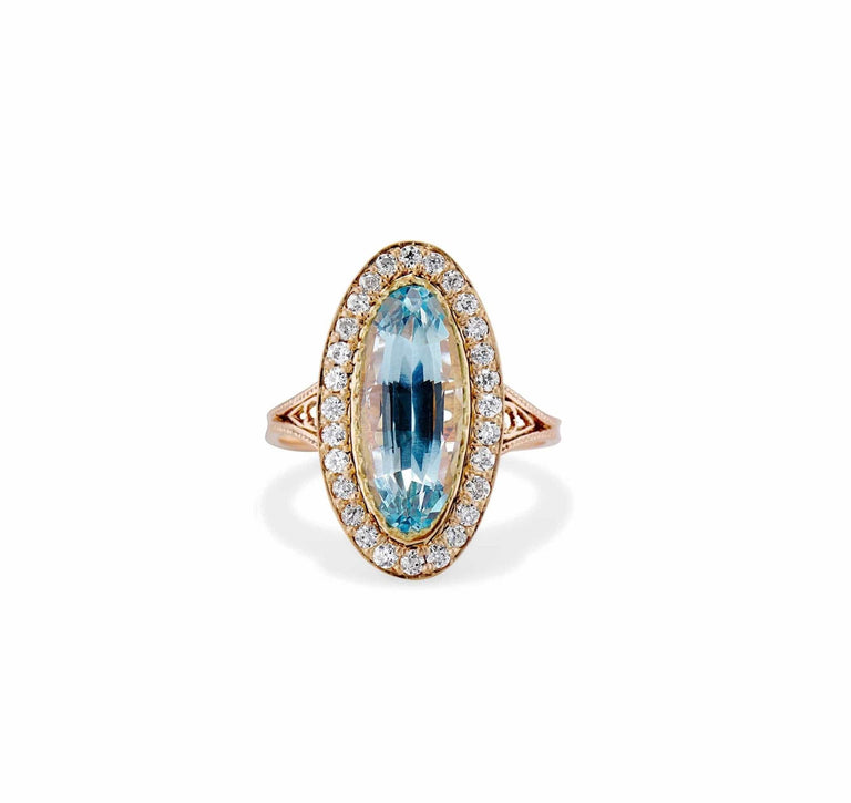 Belle Époque 3.40 Carat Oval-Cut Aquamarine and Diamond Dinner Ring, France