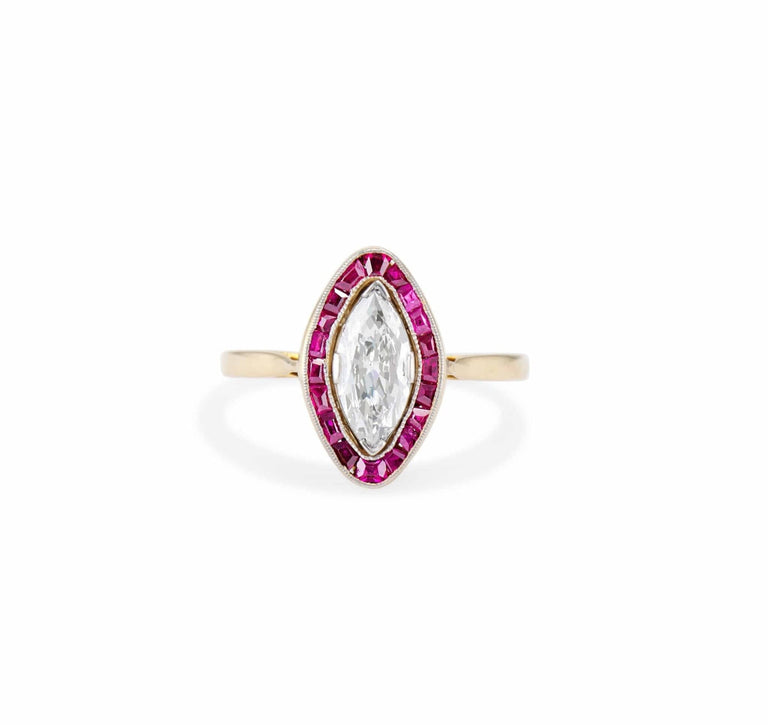 Belle Époque French .77 Carat Marquise Cut Diamond and Ruby Engagement Ring
