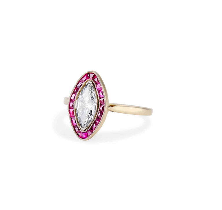 Belle Époque French .77 Carat Marquise Cut Diamond and Ruby Engagement Ring