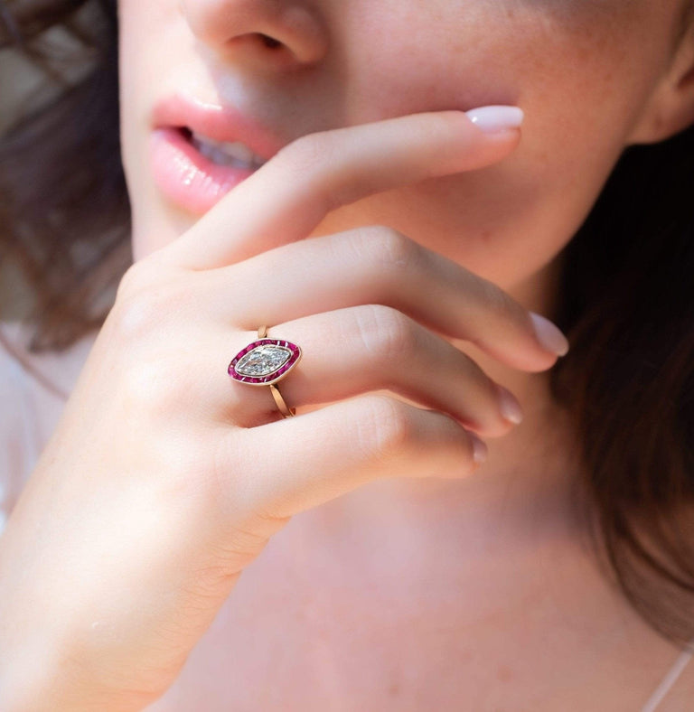 Belle Époque French .77 Carat Marquise Cut Diamond and Ruby Engagement Ring