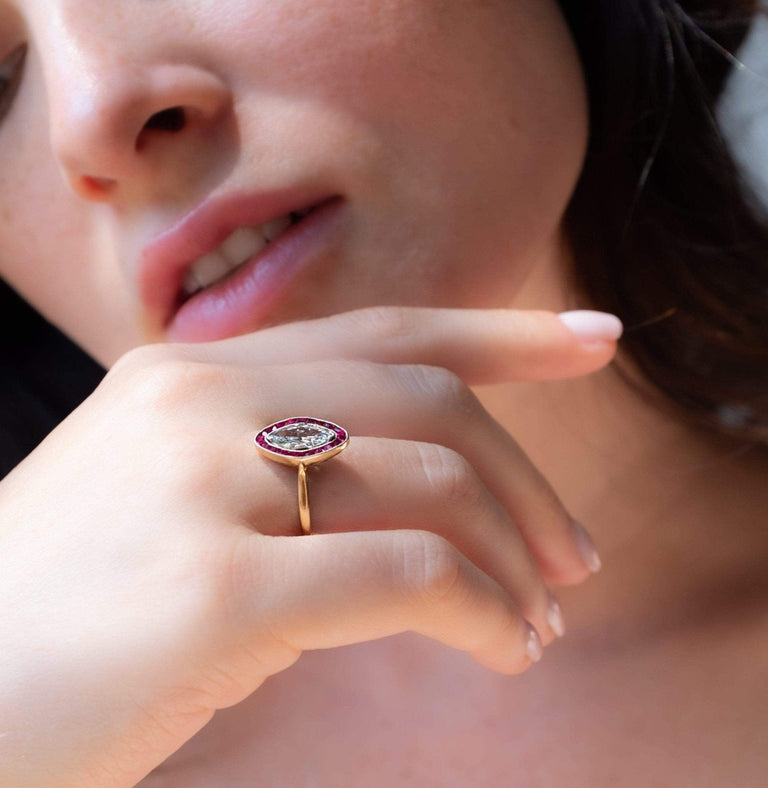 Belle Époque French .77 Carat Marquise Cut Diamond and Ruby Engagement Ring