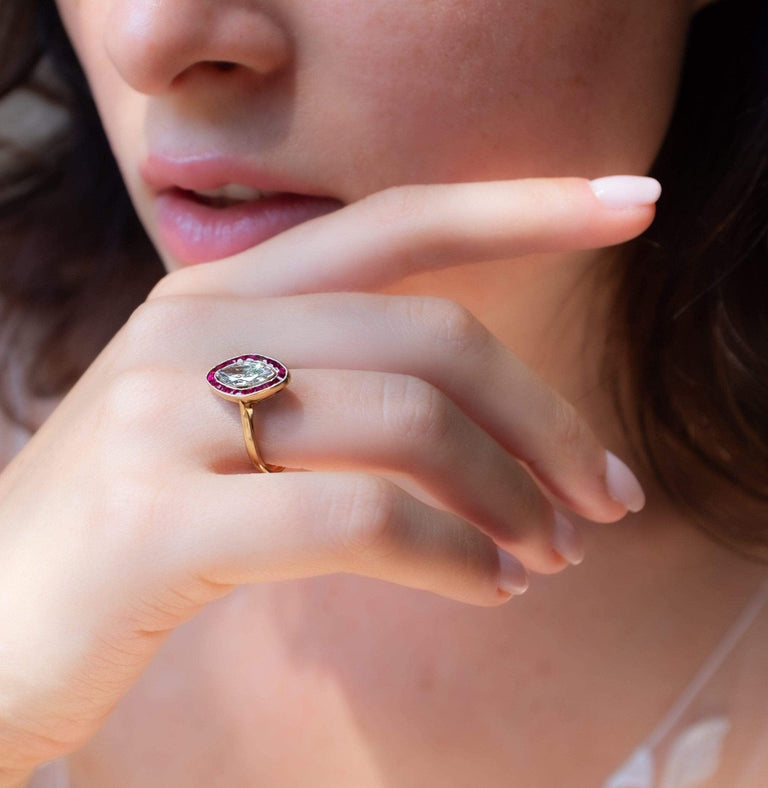 Belle Époque French .77 Carat Marquise Cut Diamond and Ruby Engagement Ring