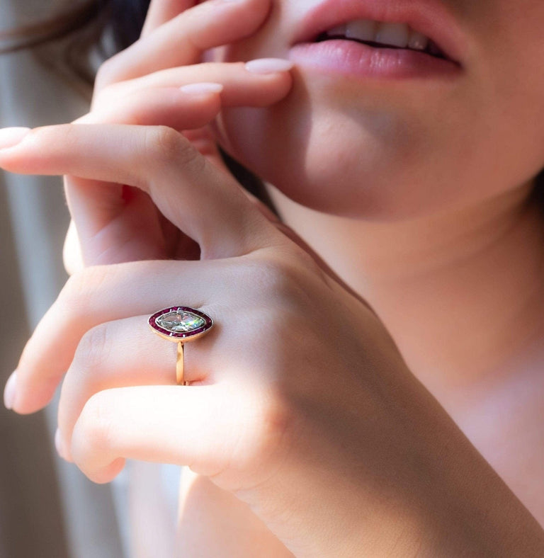 Belle Époque French .77 Carat Marquise Cut Diamond and Ruby Engagement Ring
