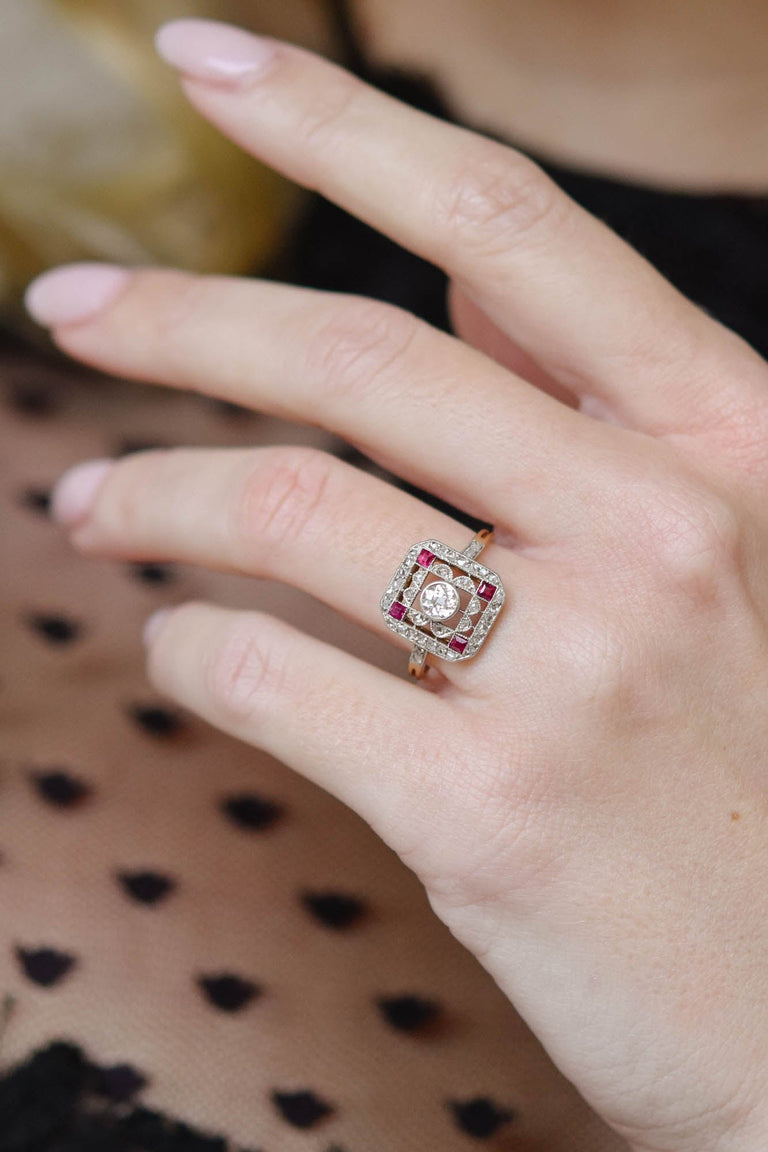 Belle Époque Old European Cut Diamond and Ruby Filigree Ring, France