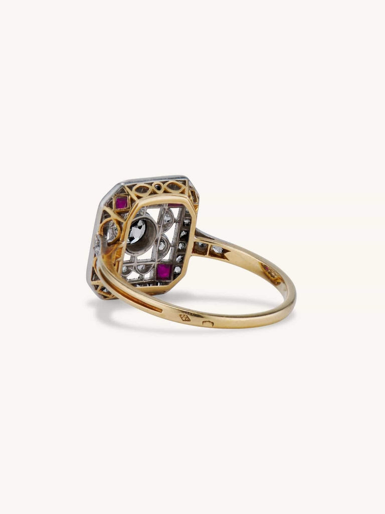 Belle Époque Old European Cut Diamond and Ruby Filigree Ring, France