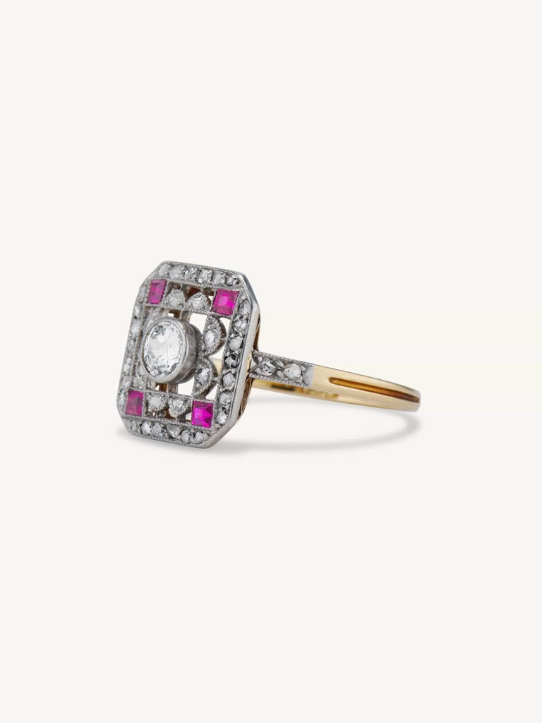 Belle Époque Old European Cut Diamond and Ruby Filigree Ring, France