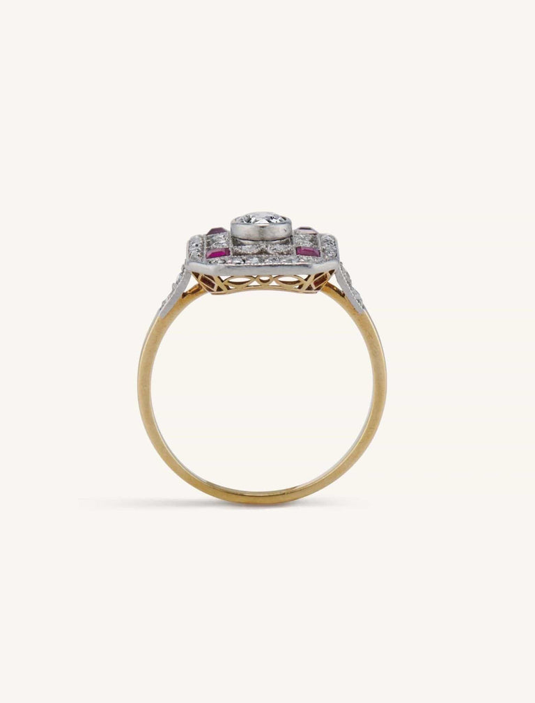 Belle Époque Old European Cut Diamond and Ruby Filigree Ring, France