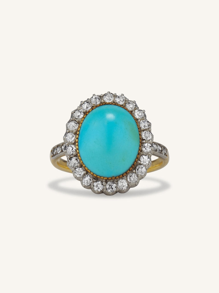 Belle Epoque Oval Cabochon Turquoise & Diamond Cluster Ring, France