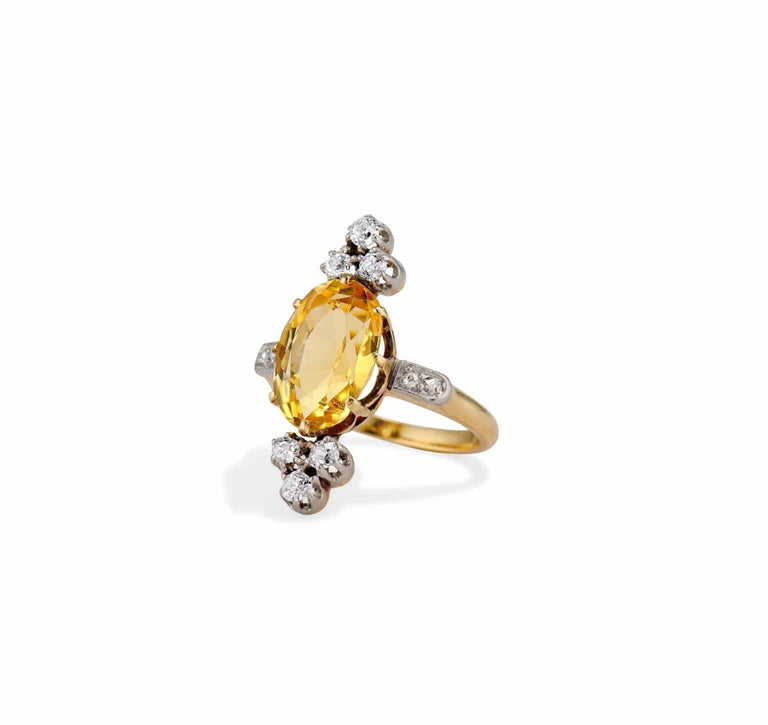 Belle Époque Oval Citrine and Old European Diamond Dinner Ring, France