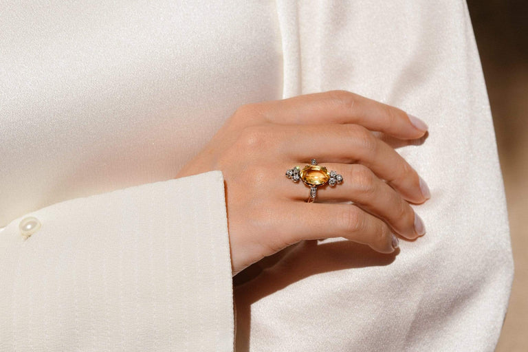 Belle Époque Oval Citrine and Old European Diamond Dinner Ring, France