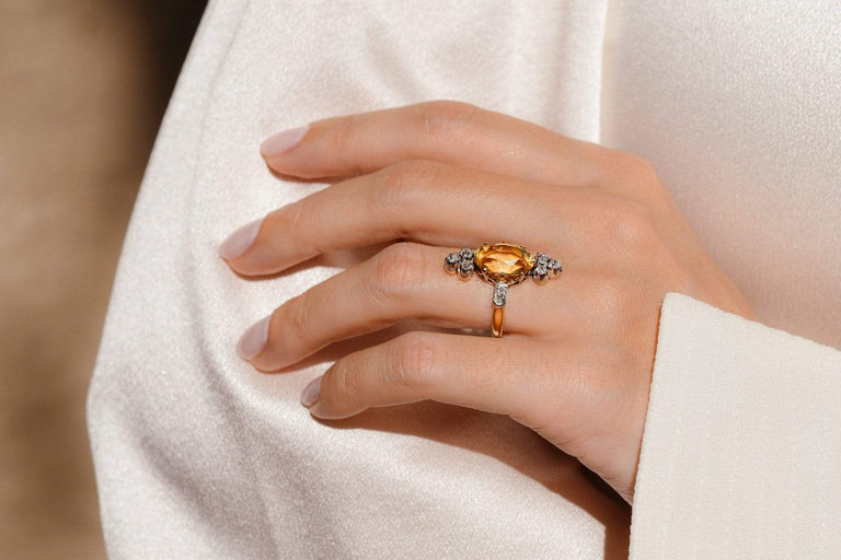 Belle Époque Oval Citrine and Old European Diamond Dinner Ring, France