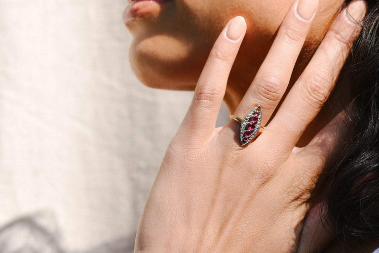 Belle Époque Ruby and Diamond Navette Ring, France