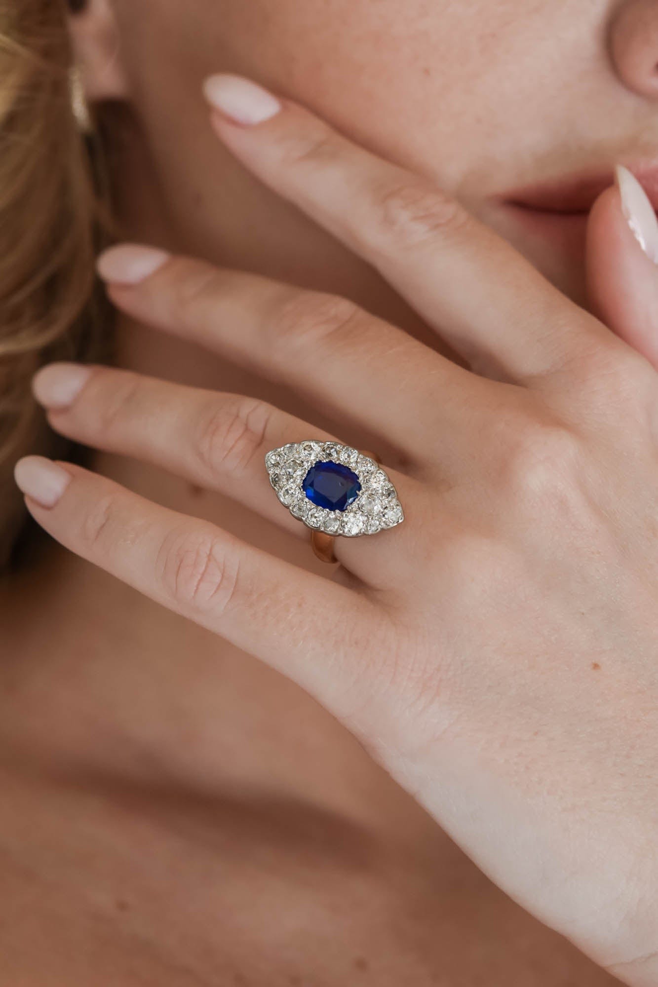 BELLE ÉPOQUE Sapphire 1-1 Belle Époque Sapphire and Diamond Navette Ring, France – Erstwhile