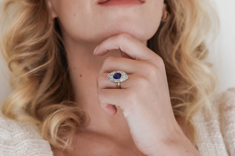 Belle Époque Sapphire and Diamond Navette Ring, France