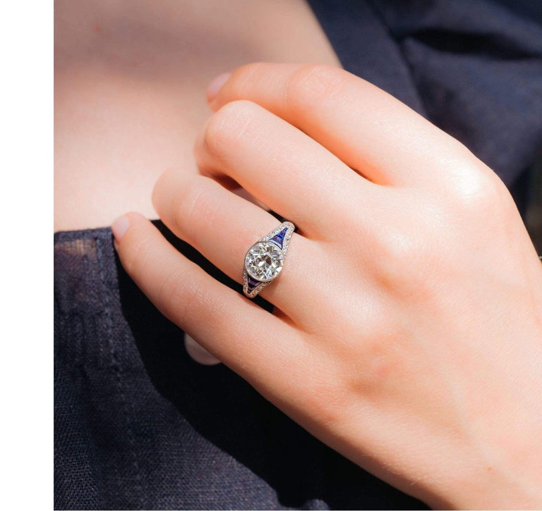 Boucheron Paris Art Deco 1.94 Carat Diamond & Sapphire Ring