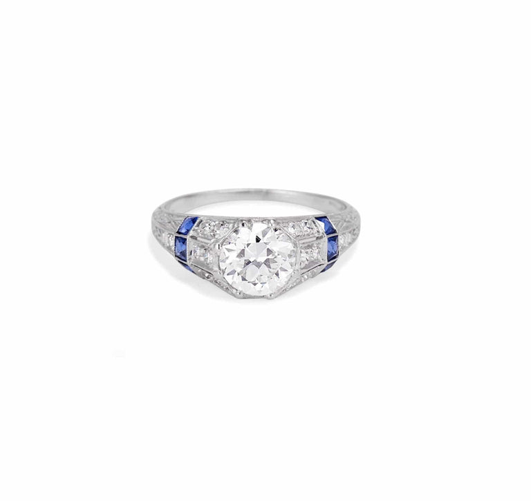 C. D. Peacock Art Deco 1.37 Carat Diamond & Sapphire Ring