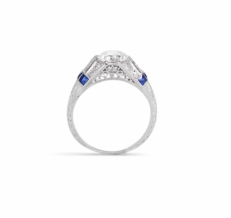 C. D. Peacock Art Deco 1.37 Carat Diamond & Sapphire Ring