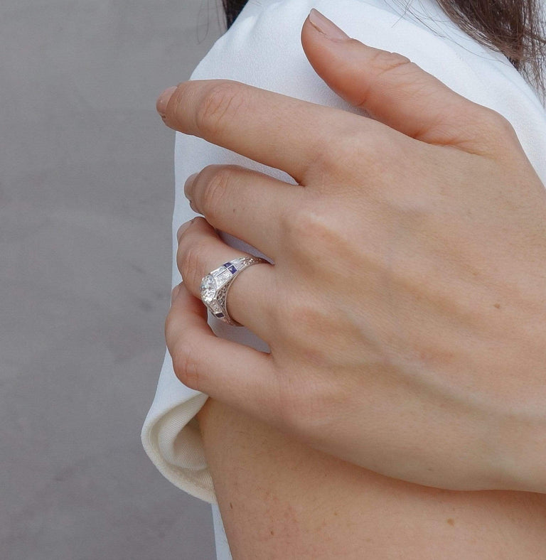 C. D. Peacock Art Deco 1.37 Carat Diamond & Sapphire Ring