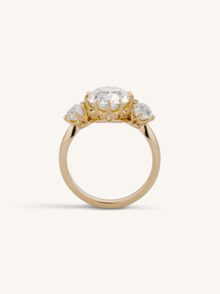 Celeste 3.06 Carat Antique Three Stone Old Mine Cushion Cut Diamond Engagement Ring