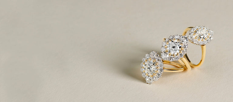 Leia cluster vintage inspired engagement rings set with antique diamonds in gold and platinum
