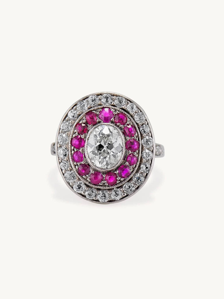 Early Art Deco 1.00 Carat Oval Cut Diamond & Ruby Cluster