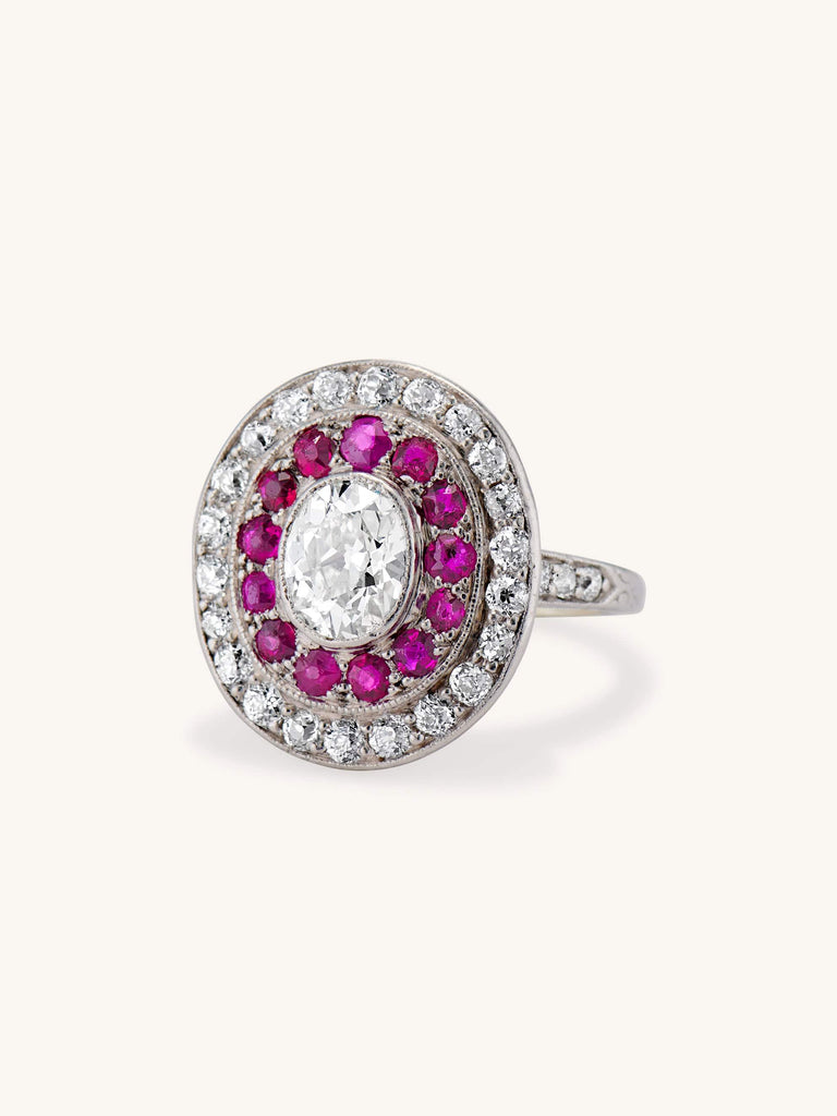 Early Art Deco 1.00 Carat Oval Cut Diamond & Ruby Cluster