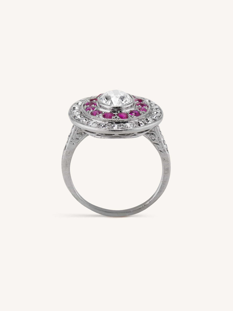 Early Art Deco 1.00 Carat Oval Cut Diamond & Ruby Cluster