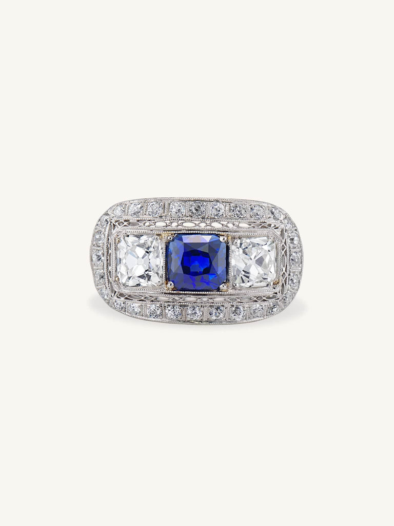 Early Art Deco 2.15 Carat Old Mine Cushion Cut Sapphire & Diamond Ring