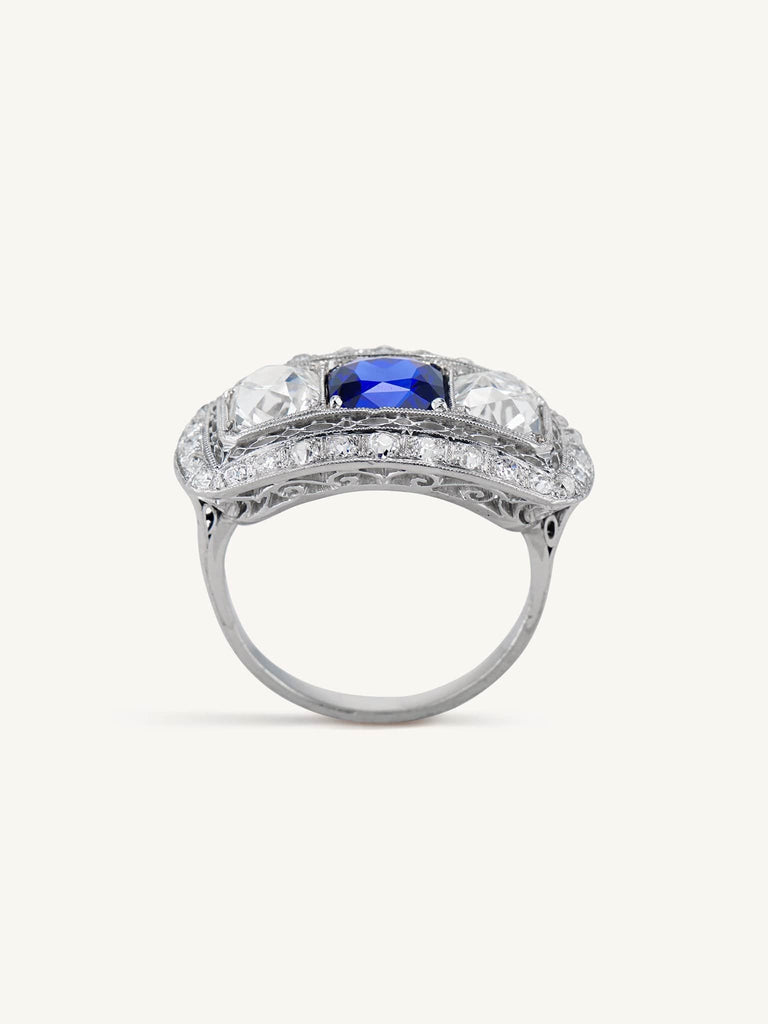 Early Art Deco 2.15 Carat Old Mine Cushion Cut Sapphire & Diamond Ring