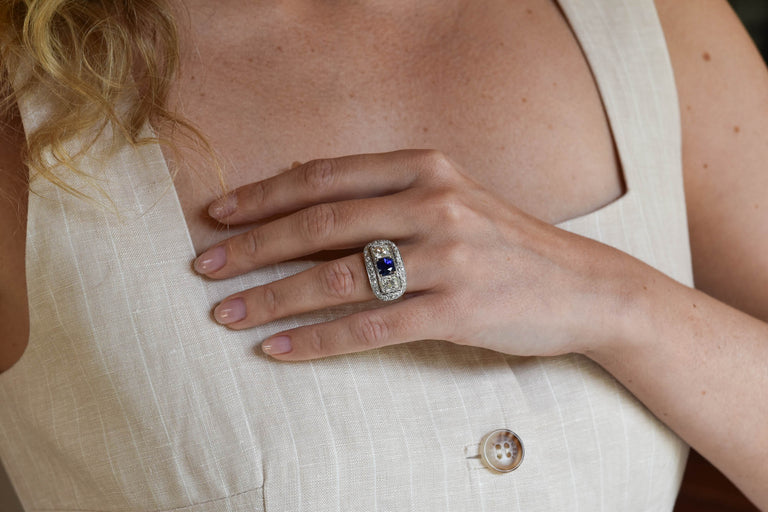 Early Art Deco 2.15 Carat Old Mine Cushion Cut Sapphire & Diamond Ring