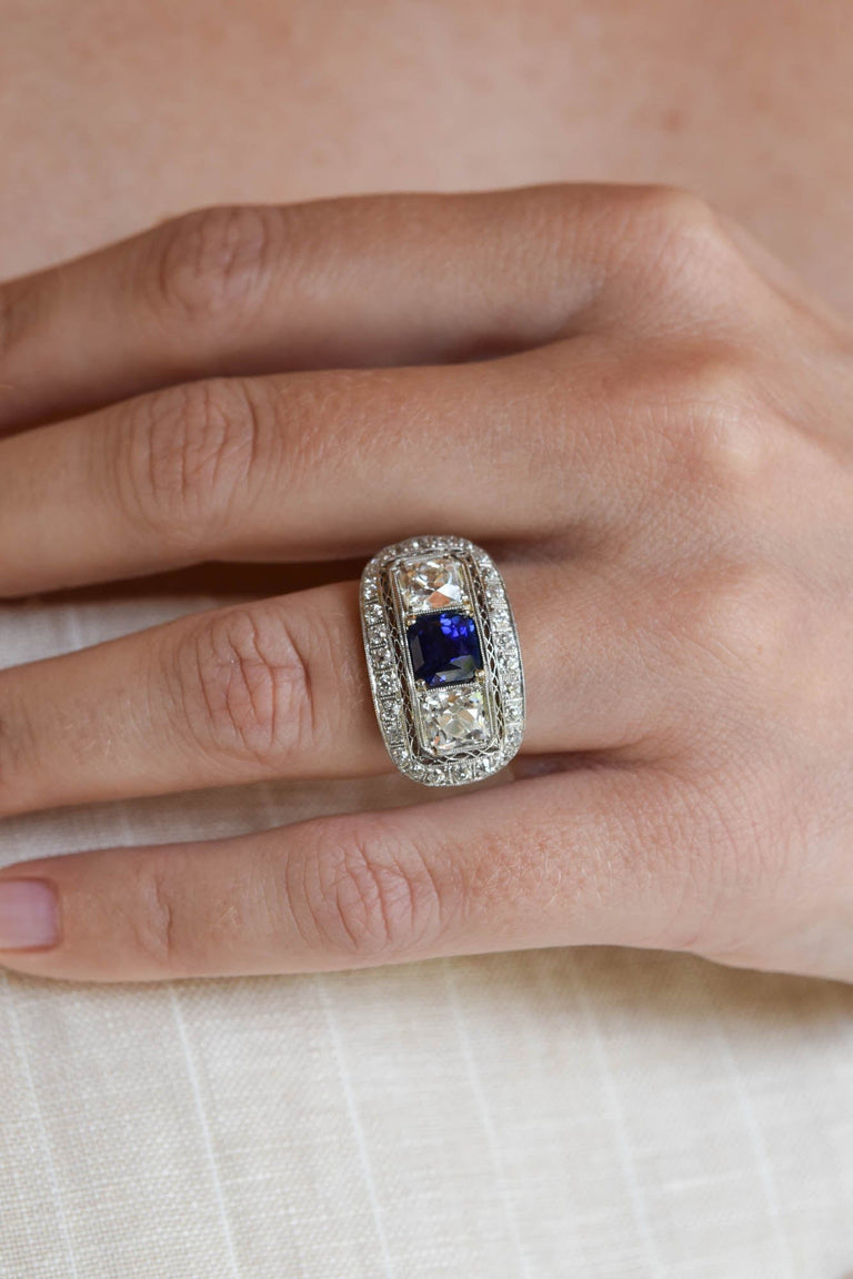 Early Art Deco 2.15 Carat Old Mine Cushion Cut Sapphire & Diamond Ring