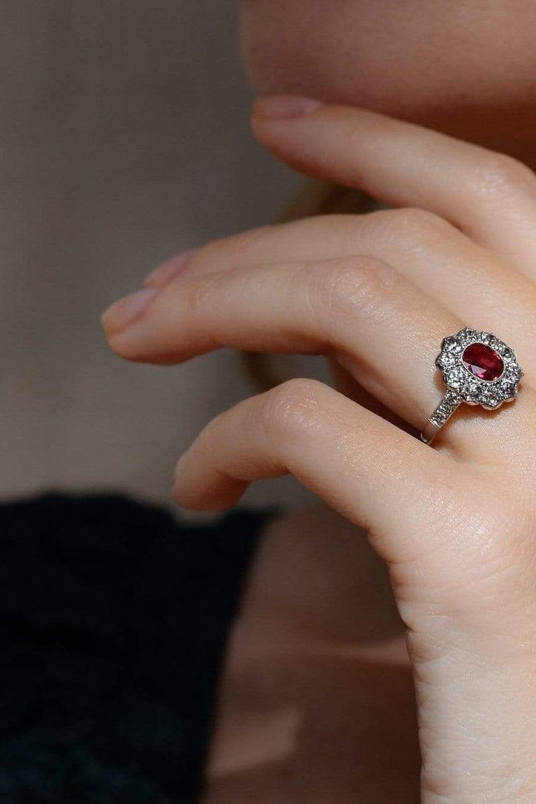 Early Art Deco .75 Cushion Ruby and Diamond Cluster, England